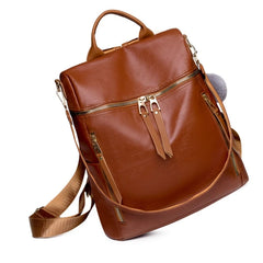 Large Capacity Leather Backpack Purse with Multiple Zipper Pockets