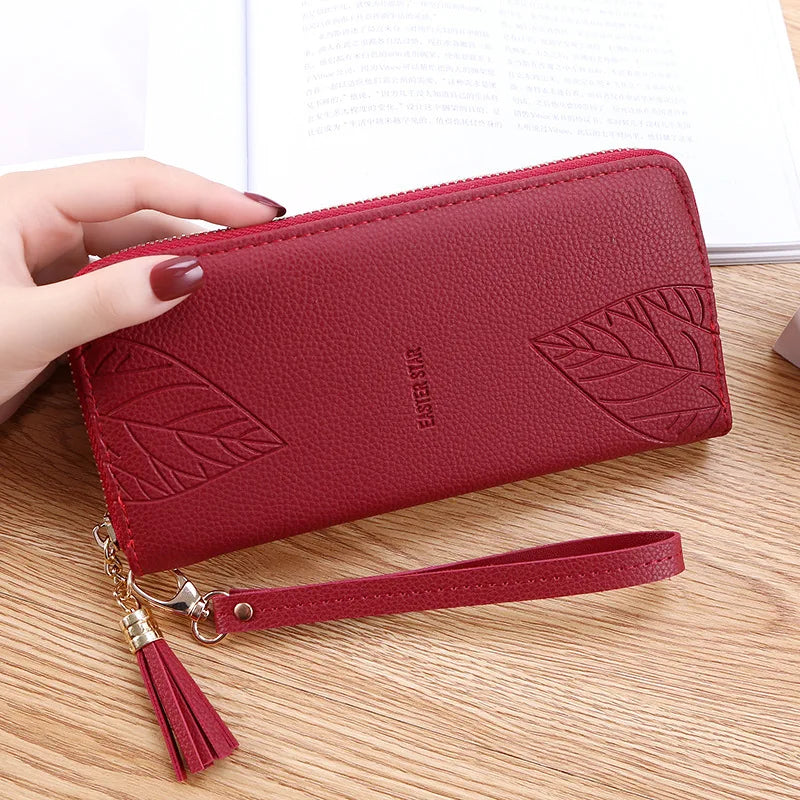 Leaf Print PU Leather Wallet Women Purse Large Capacity Phone Bag