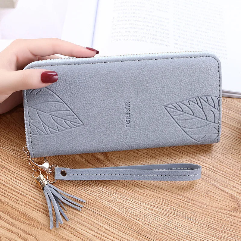 Leaf Print PU Leather Wallet Women Purse Large Capacity Phone Bag
