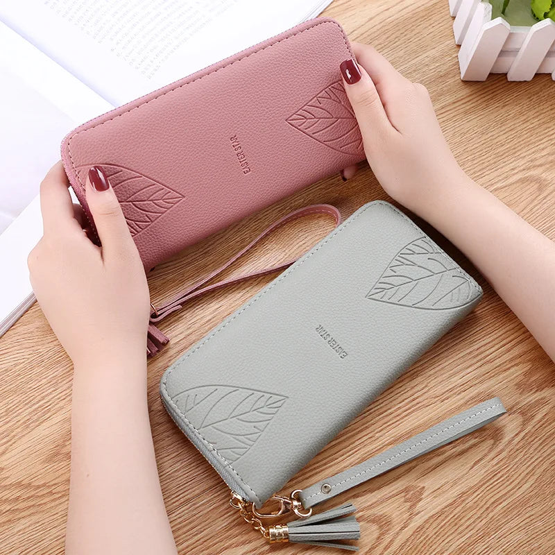 Leaf Print PU Leather Wallet Women Purse Large Capacity Phone Bag