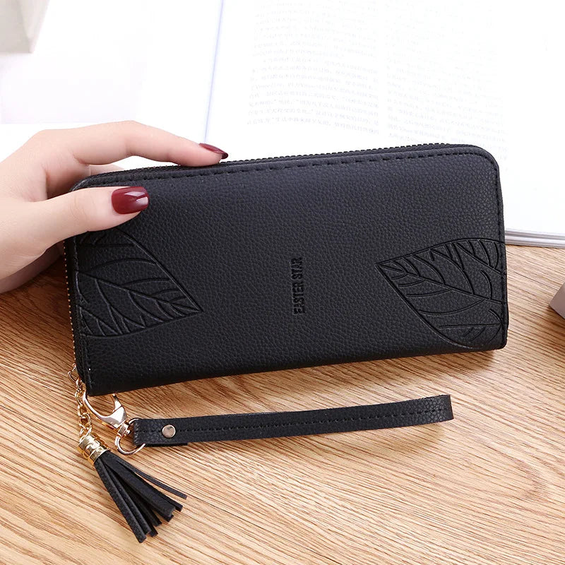 Leaf Print PU Leather Wallet Women Purse Large Capacity Phone Bag
