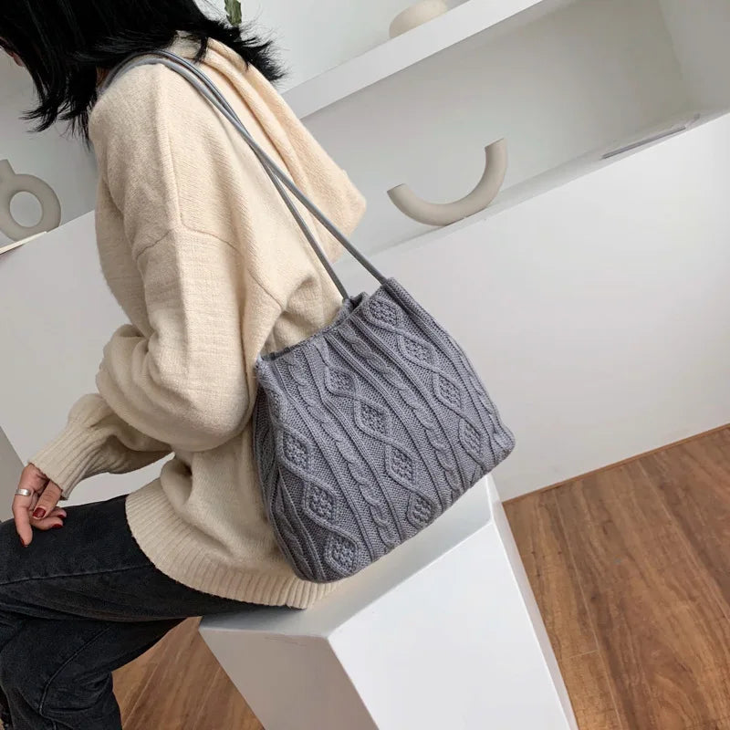 Striped Wool Knitted Women's Shoulder Bag Handbag Armpit Bag Tote Shopping Bags