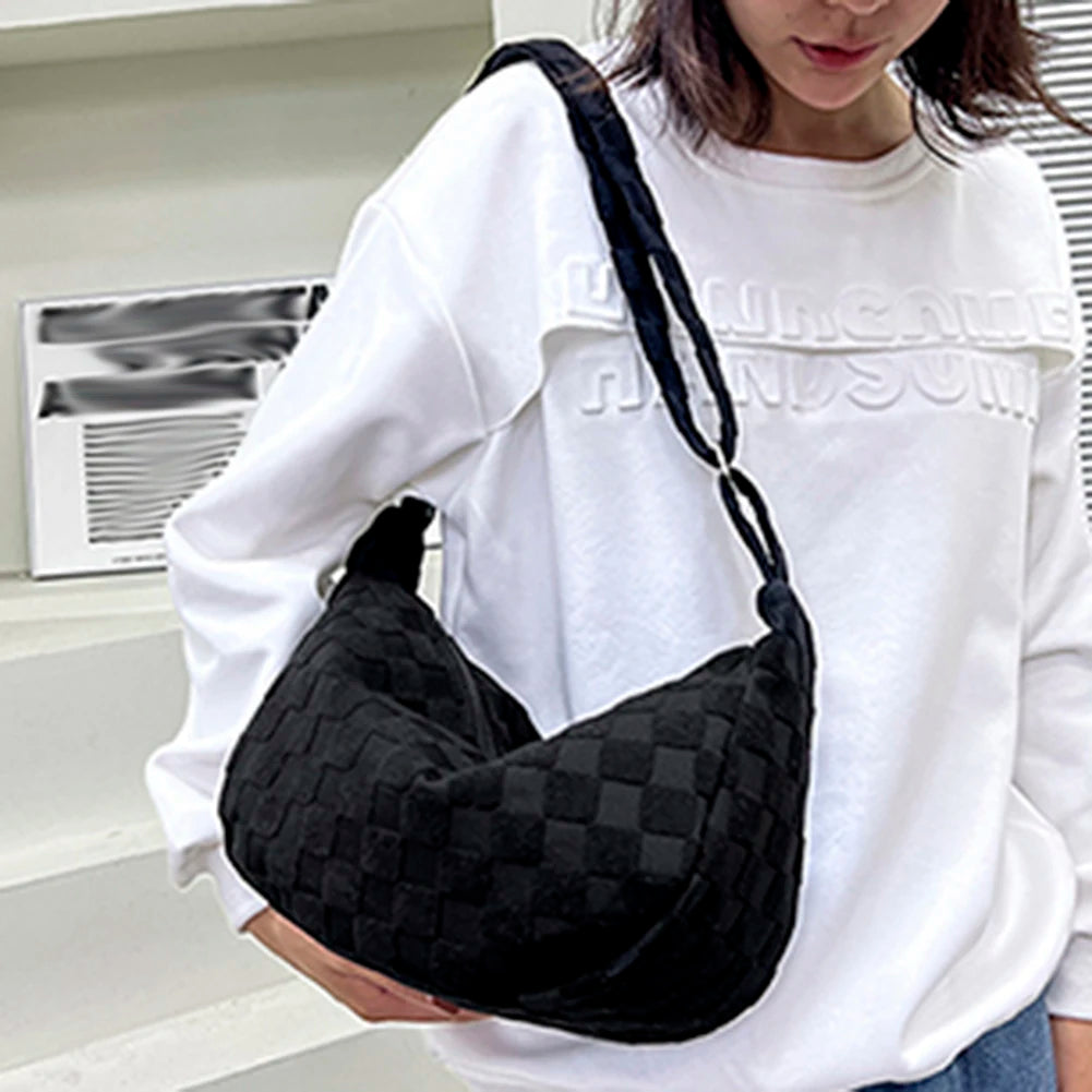 Plaid Woolen Cloth Shoulder Bag Large Capacity Soft Purse for Shopping Party