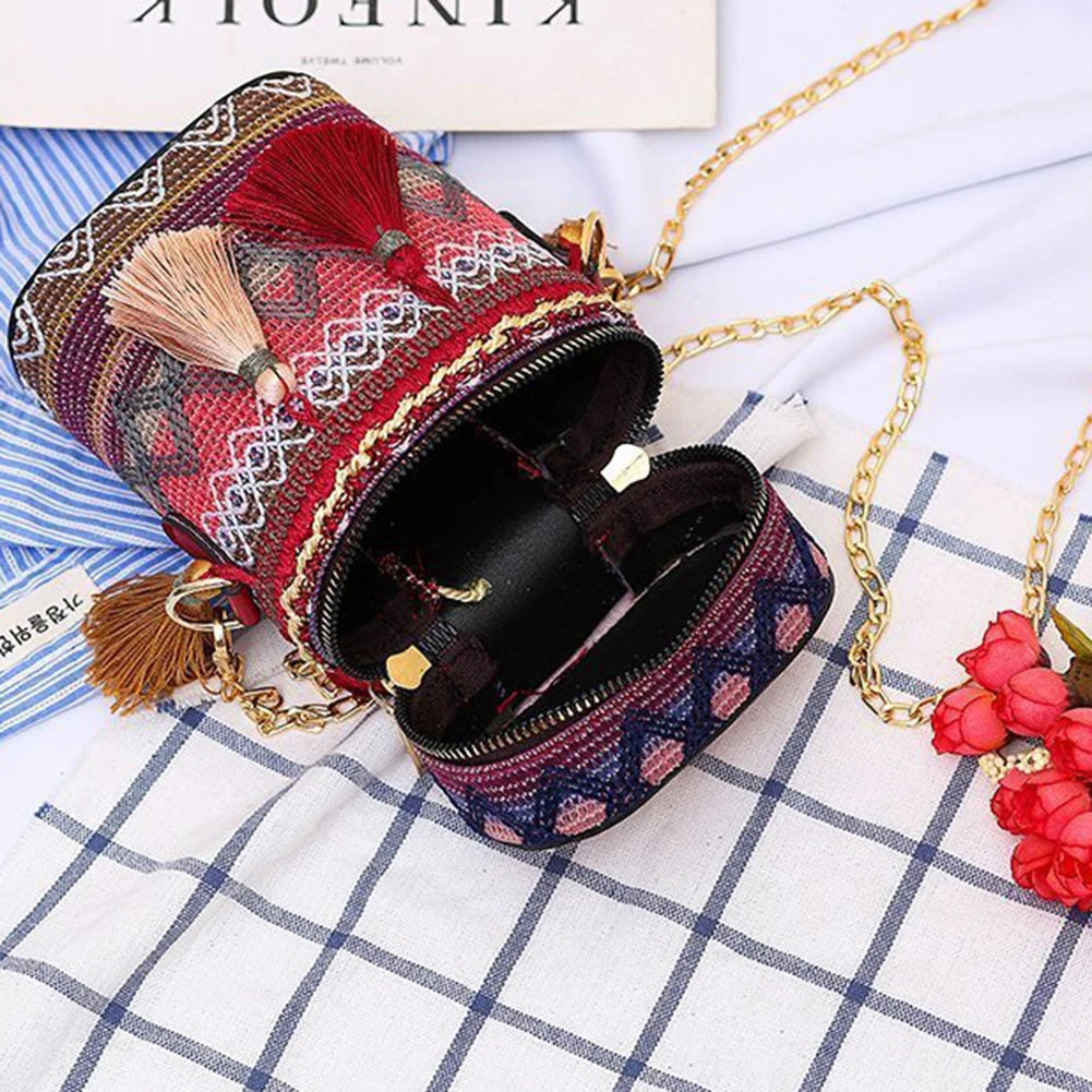 Ethnic Style Bucket Shoulder Bag Tassel Chain Handbags