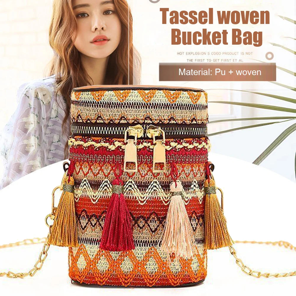 Ethnic Style Bucket Shoulder Bag Tassel Chain Handbags