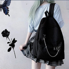 Harajuku Punk Canvas Women Backpack Preppy Style Hollow Out Chains Bag