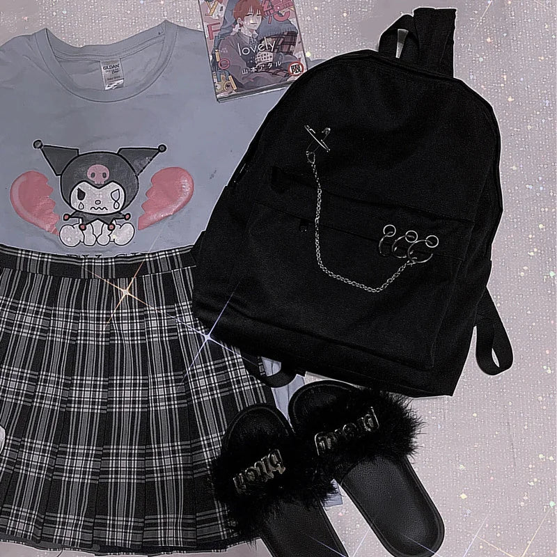 Harajuku Punk Canvas Women Backpack Preppy Style Hollow Out Chains Bag