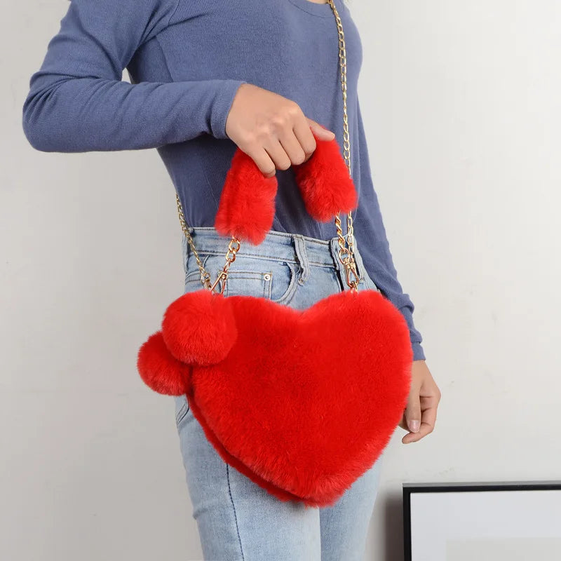 YAOKU Chain Plush Heart-Shaped Shoulder Bag Women's Handbag
