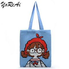 Knitted Winter Shoulder Bag Wool Girls Student Bookbag Tote