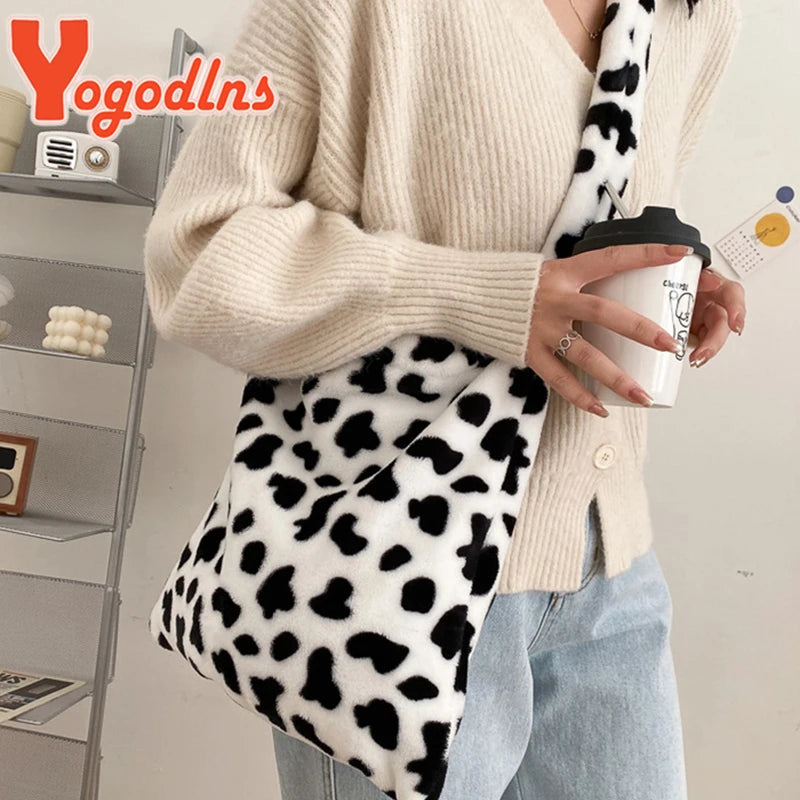 Cow Pattern Plush Shoulder Bag Women Crossbody Bag Soft Handbag