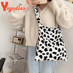 Cow Pattern Plush Shoulder Bag Women Crossbody Bag Soft Handbag