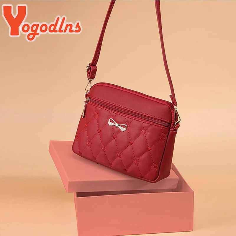 Heart Embroidery Bow Shoulder Bag PU Leather Crossbody Handbag