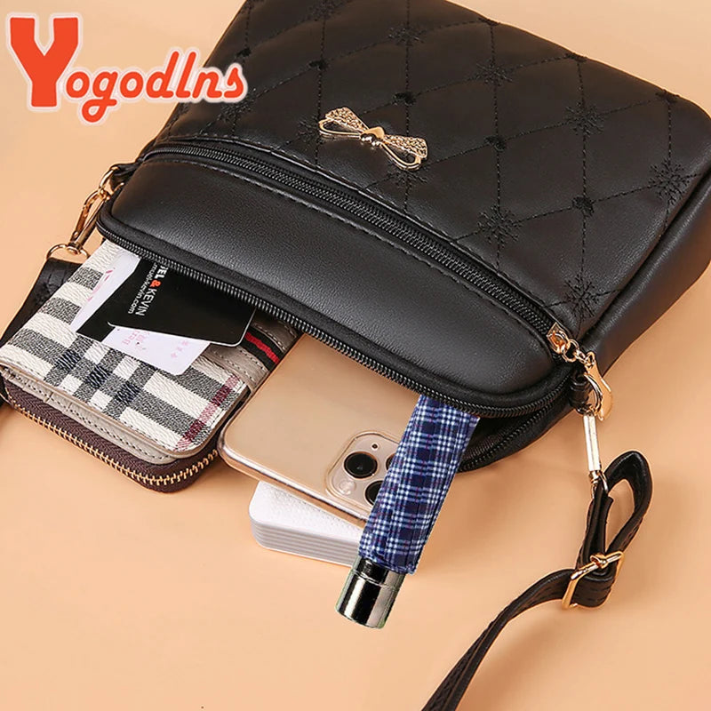 Heart Embroidery Bow Shoulder Bag PU Leather Crossbody Handbag