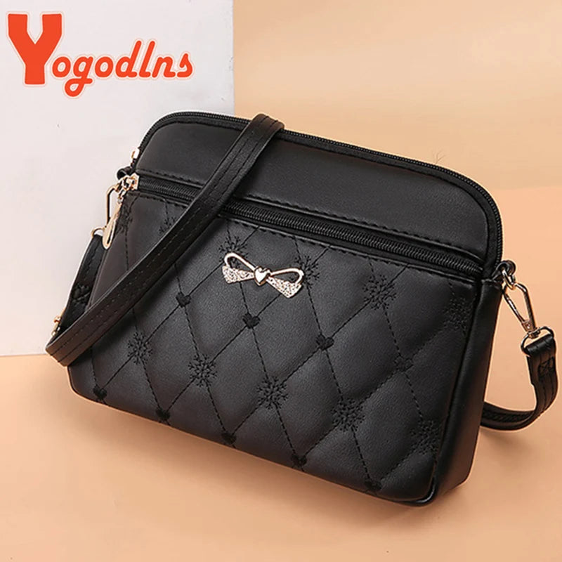 Heart Embroidery Bow Shoulder Bag PU Leather Crossbody Handbag