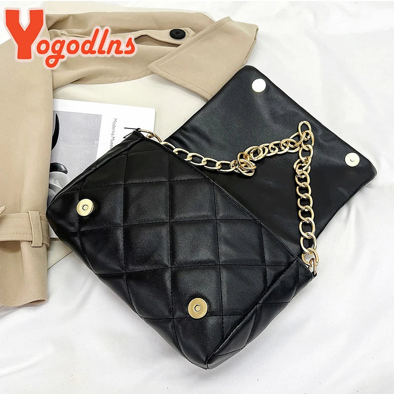 Diamond Shoulder Bag Chains Embroidery Handbag PU Leather Lady Purse