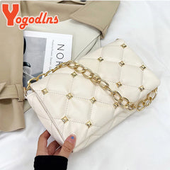 Diamond Shoulder Bag Chains Embroidery Handbag PU Leather Lady Purse