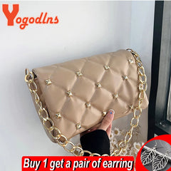 Diamond Shoulder Bag Chains Embroidery Handbag PU Leather Lady Purse