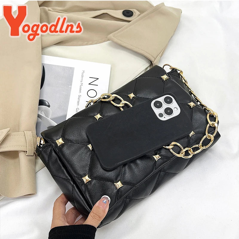 Diamond Shoulder Bag Chains Embroidery Handbag PU Leather Lady Purse