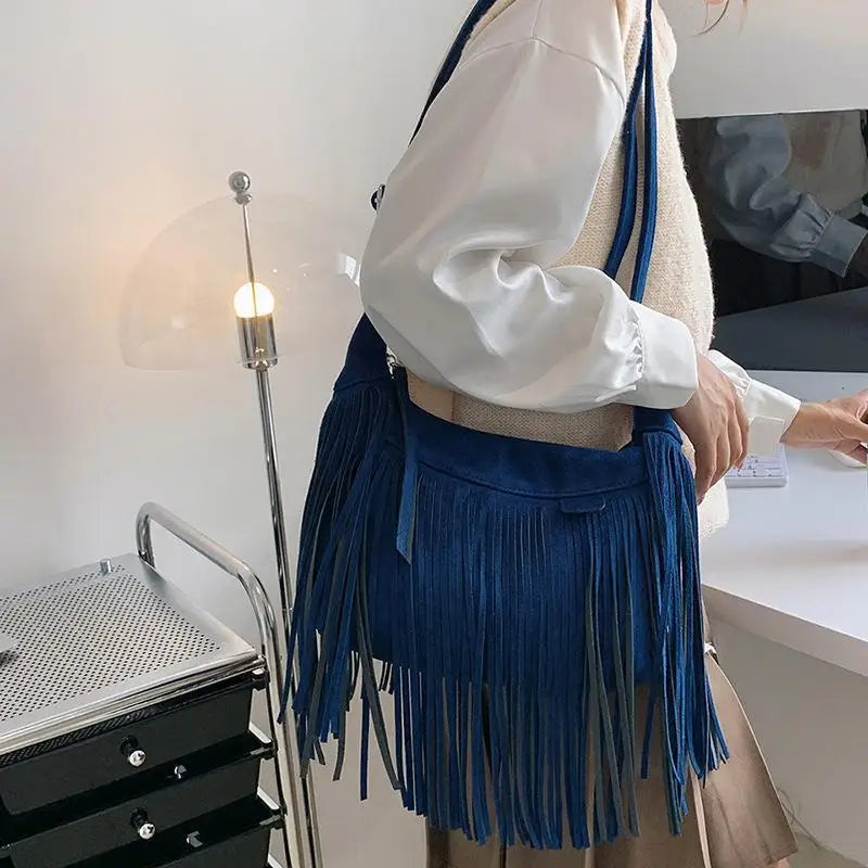 Retro Tassel Shoulder Bag Deerskin Velvet Crossbody Autumn Winter Handbag