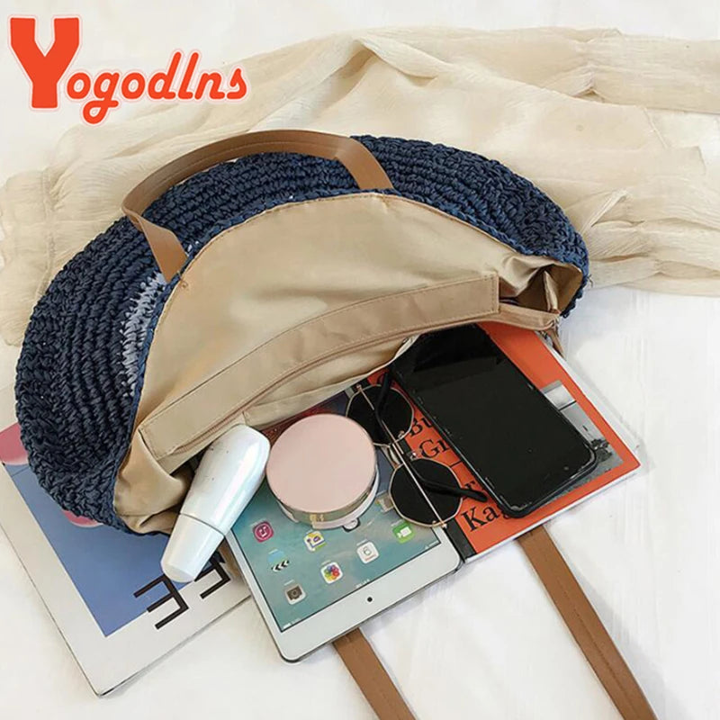 Round Straw Beach Bag Large Capacity Rattan Shoulder Bolso Sac
