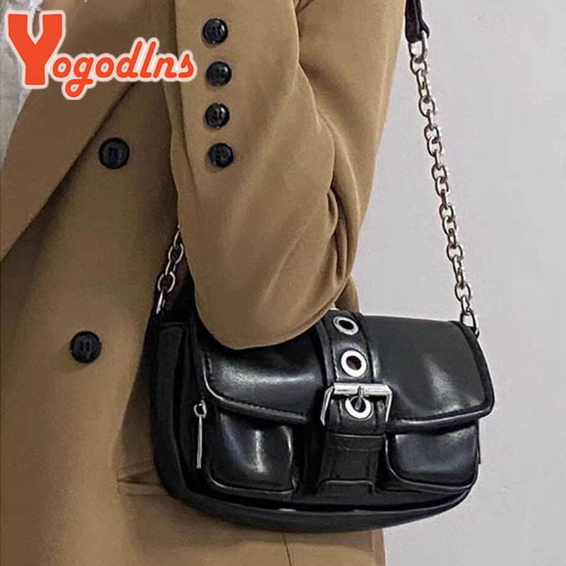 Vintage Leather Chains Shoulder Bag for Women