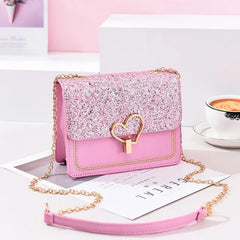 Women Sequin Love Shape Lock Shoulder Bag Chain Flap Bag