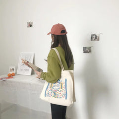 Canvas Shoulder Bag with Cartoon Pattern Print Handbag