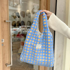 Flower Waffle Grid Pattern Shoulder Bag Casual Large Capacity Tote Bag