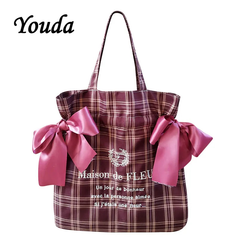 Plaid Women Shoulder Bag Soft Cloth Handbag Large Capacity Tote