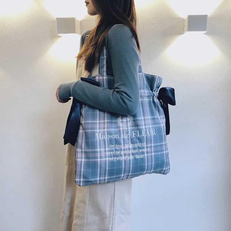 Plaid Women Shoulder Bag Soft Cloth Handbag Large Capacity Tote