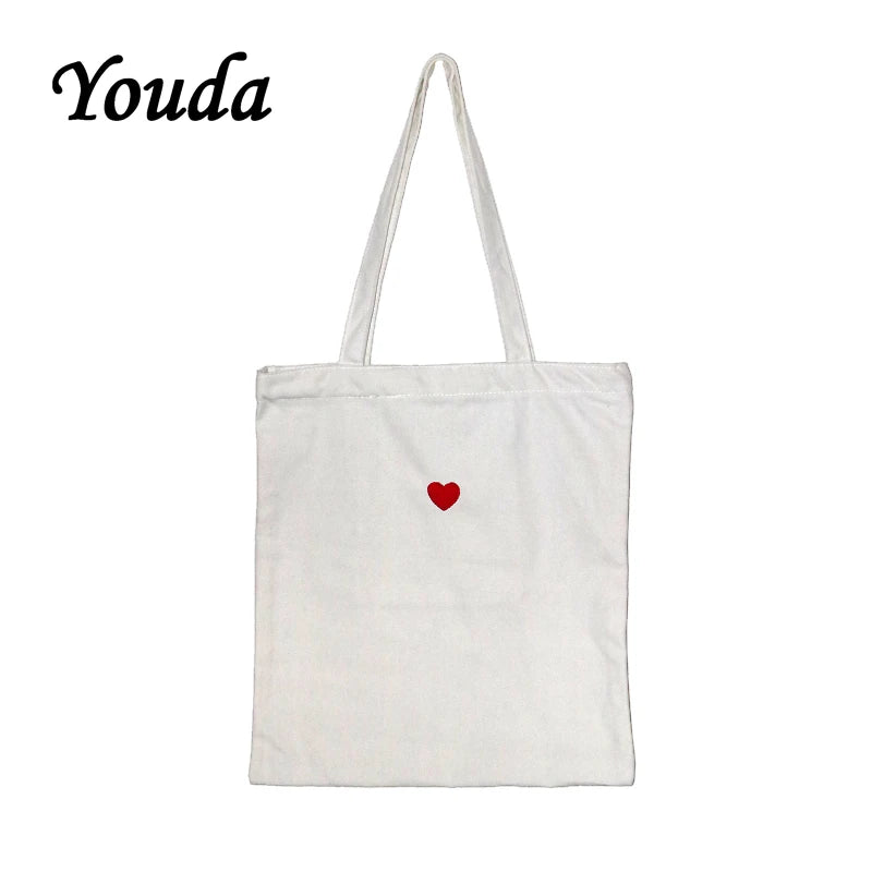 Red Heart Embroidery Canvas Handbag with Zipper