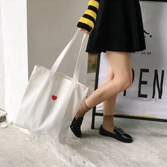 Red Heart Embroidery Canvas Handbag with Zipper