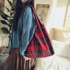 Vintage Winter Thick Tote Shoulder Bag Plaid Girls Student Bookbag