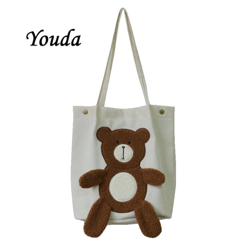 Winter Women's Corduroy Casual Bear Embroidery Shoulder Bag