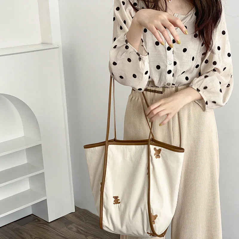 Bear Embroidery Canvas Shopping Bag Eco Handbag