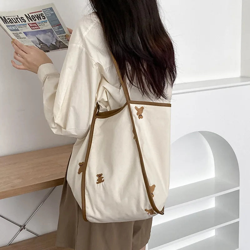 Bear Embroidery Canvas Shopping Bag Eco Handbag