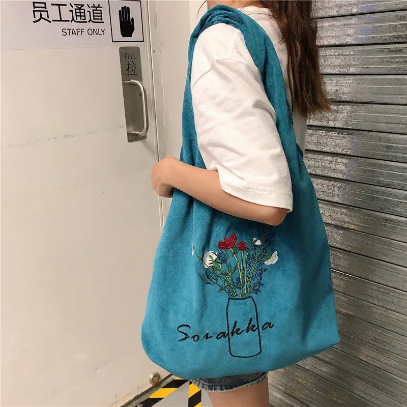 Corduroy Shopping Bag Female Canvas Shoulder Bags Flowers Handbag
