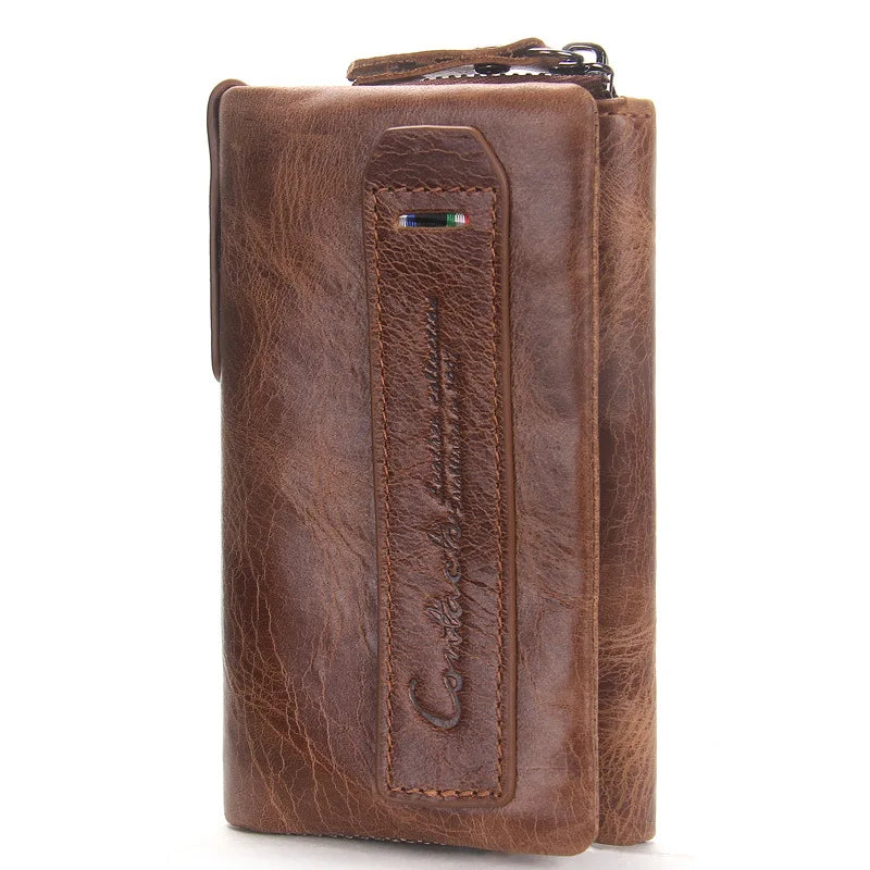 Men Leather Key Bags Short Trifold Solid Retro Cowhide Small Purse Long