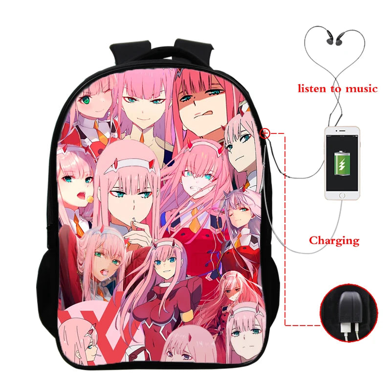 Zero Two Anime Backpack USB Backpacks Darling In The Franxx Women Men