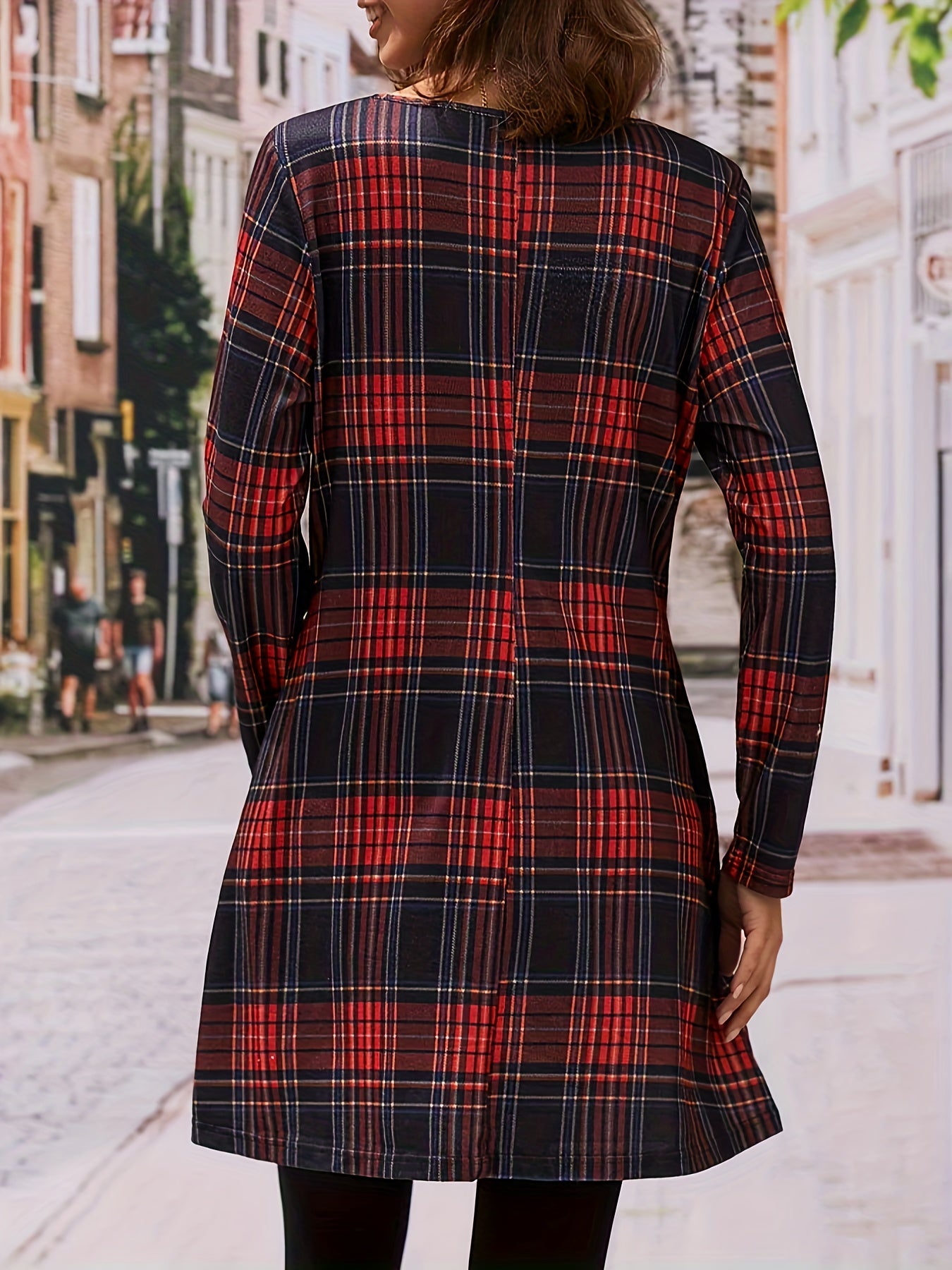  Plaid Print V Neck Mini Dress With Pockets