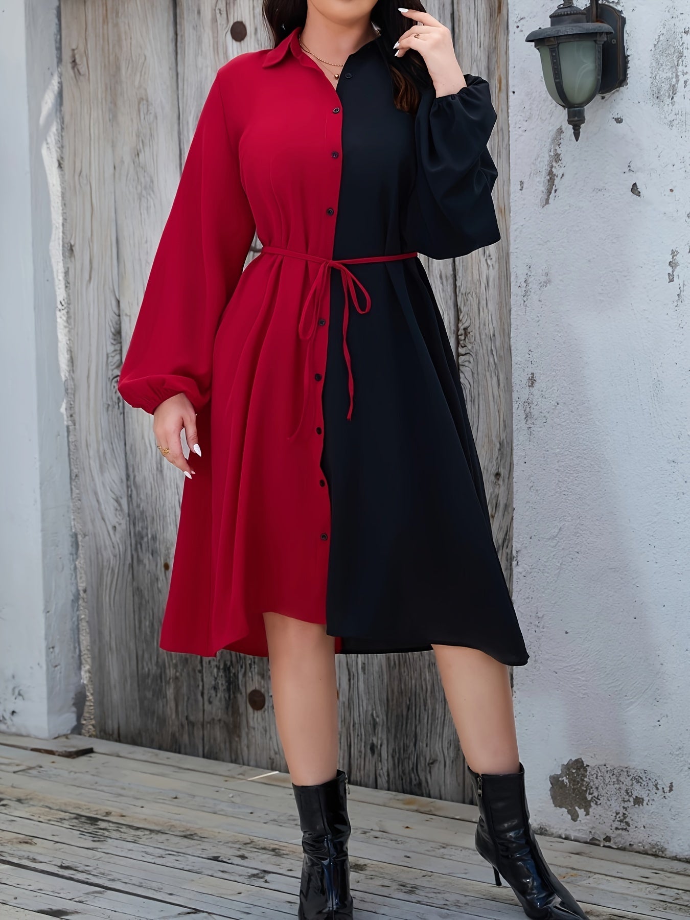 Colorblock Lantern Sleeve Shirt Dress With Belt
