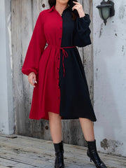  Colorblock Lantern Sleeve Shirt Dress With Belt
