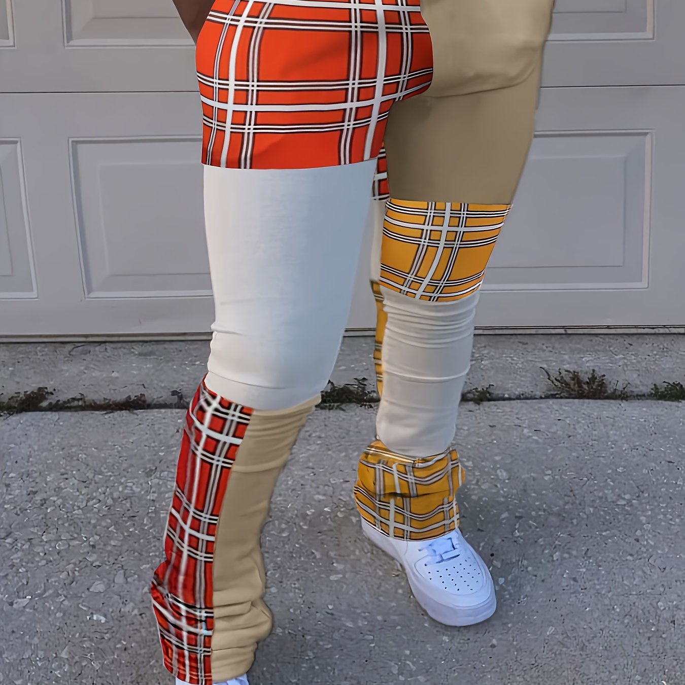  Colorblock Grid Print High Rise Skinny Pants