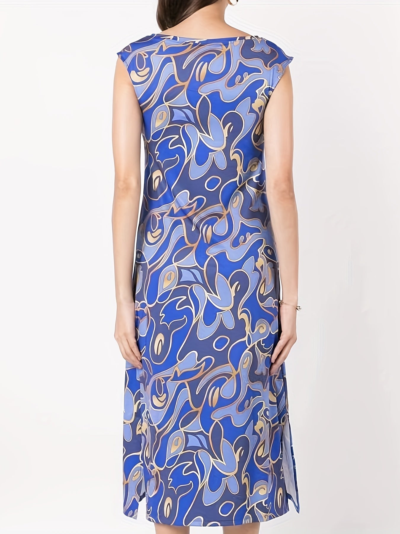  Abstract Print Cap Sleeve Stretch Split Dress
