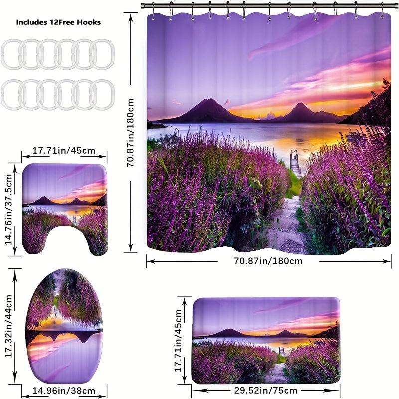 Lavender Shower Curtain Set with Non-Slip Bathroom Rug and 12 Hooks