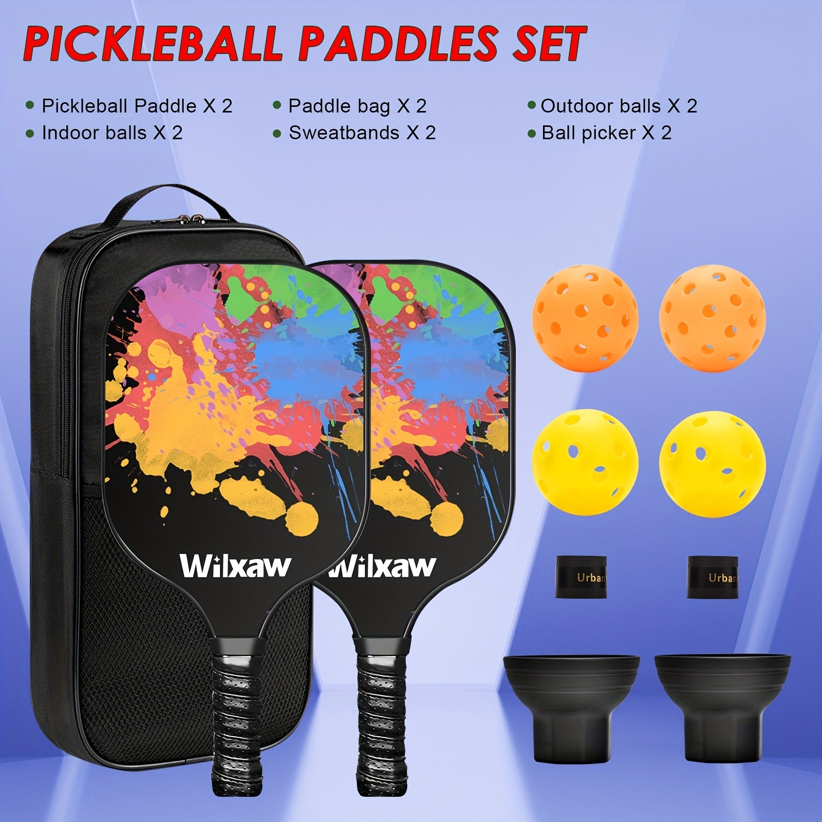 Pickleball Racket Set with 2 Paddles, Balls, Sweatbands - Control & Comfort