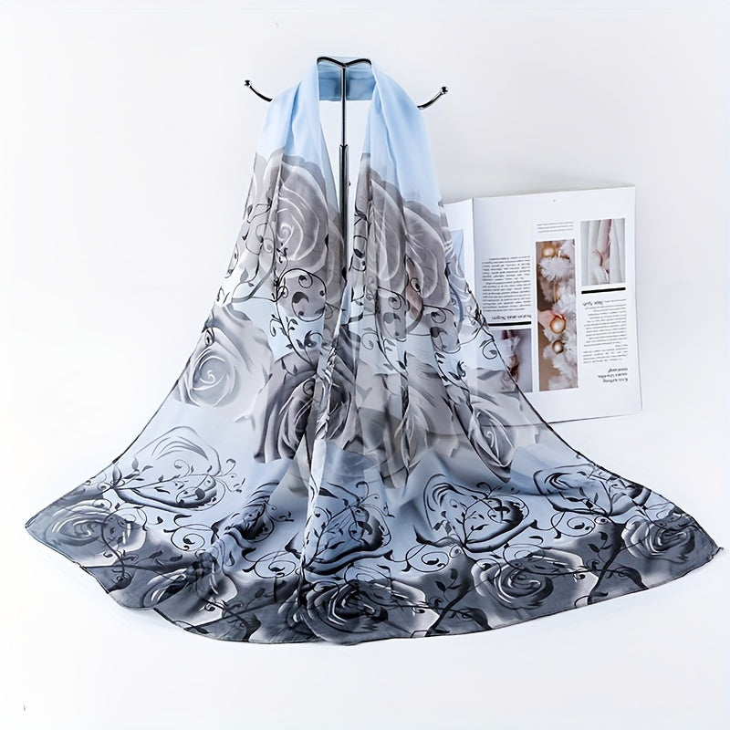 Gradient Flower Print Scarf Chiffon Sunscreen Shawl