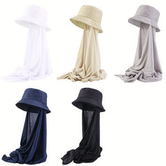 Women Bucket Cap With Hijab Solid Casual Basin Hat Breathable Scarf