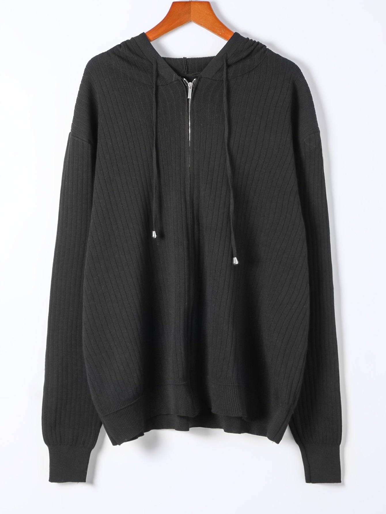  Ribbed Knit Zipper Front Hooded Cardigan