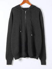  Ribbed Knit Zipper Front Hooded Cardigan